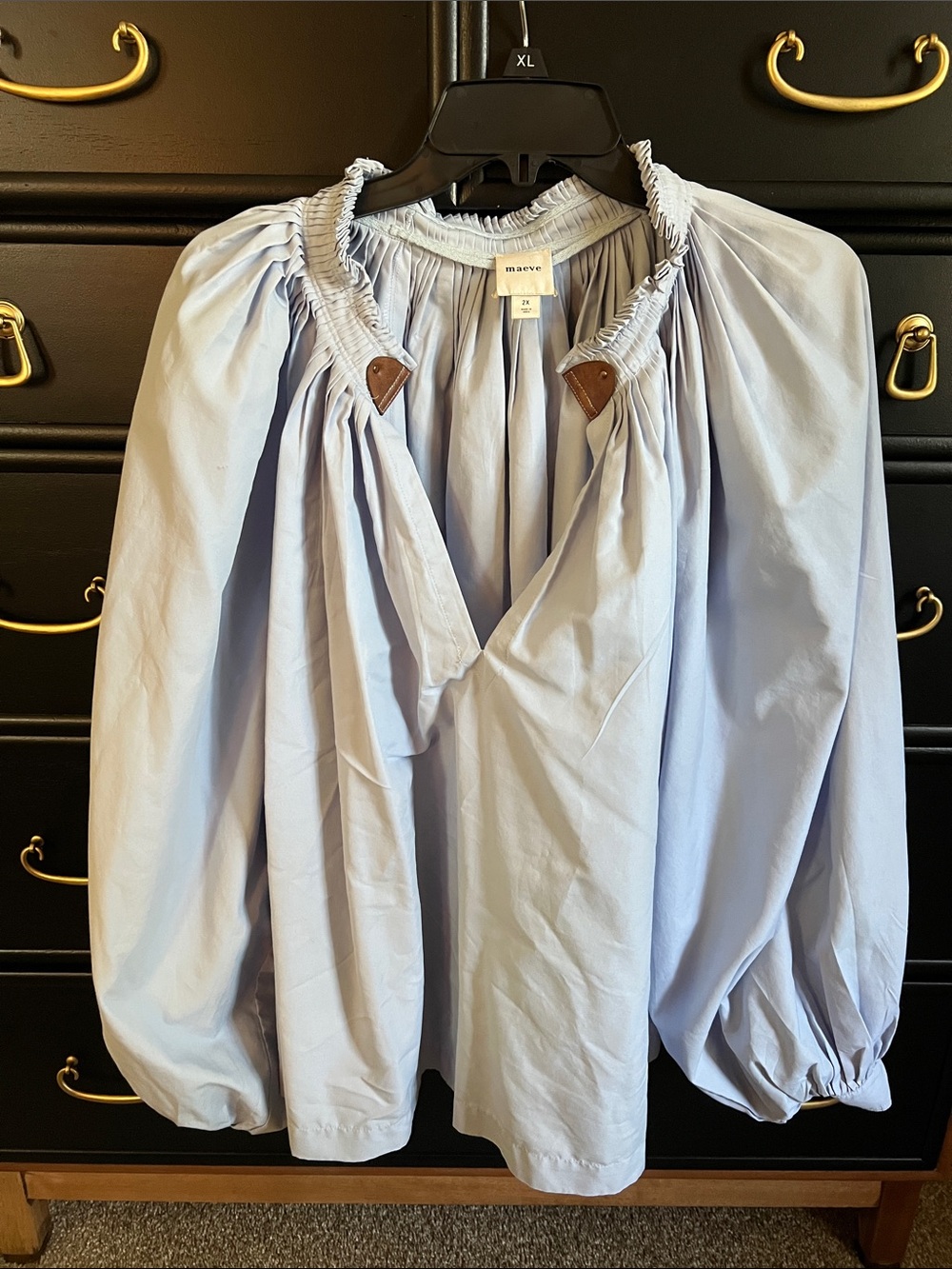 Maeve Pale Blue Gathered Neck Peasant Blouse
